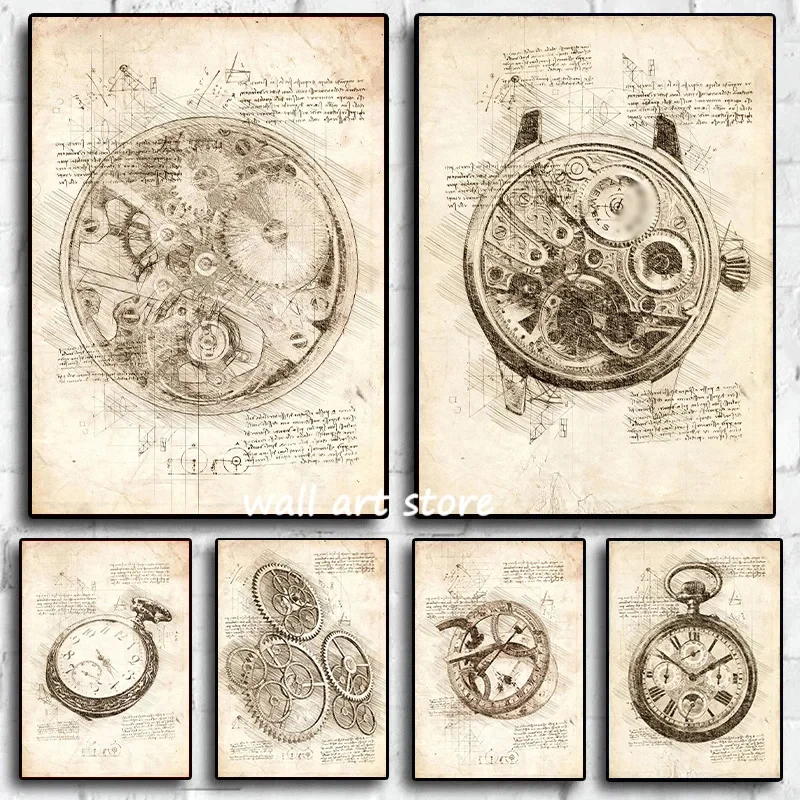 Interior Design Studio - Vintage horloge schets poster Gear horloge
